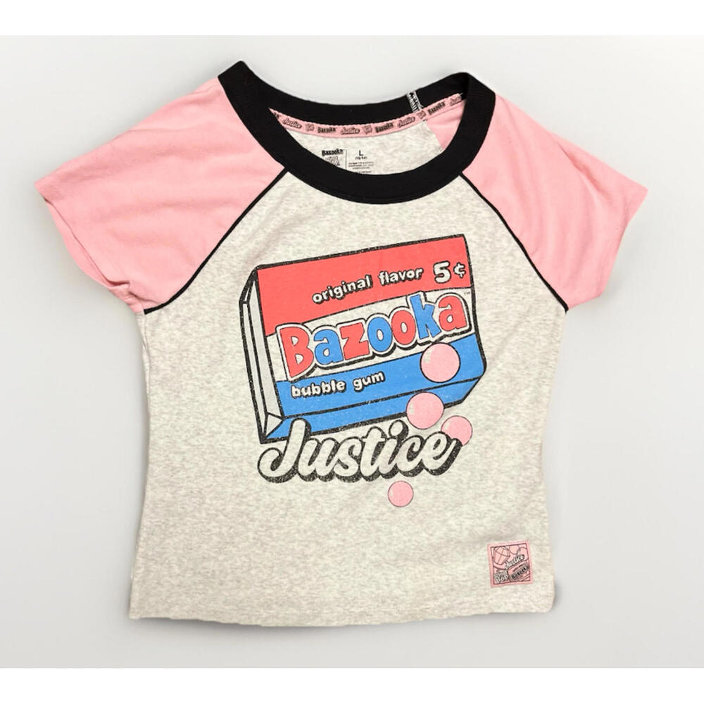 Justice Girls Bazooka Bubble Gum Gray Pink Raglan Graphic Tee Size L 12/14
